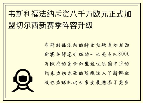 韦斯利福法纳斥资八千万欧元正式加盟切尔西新赛季阵容升级